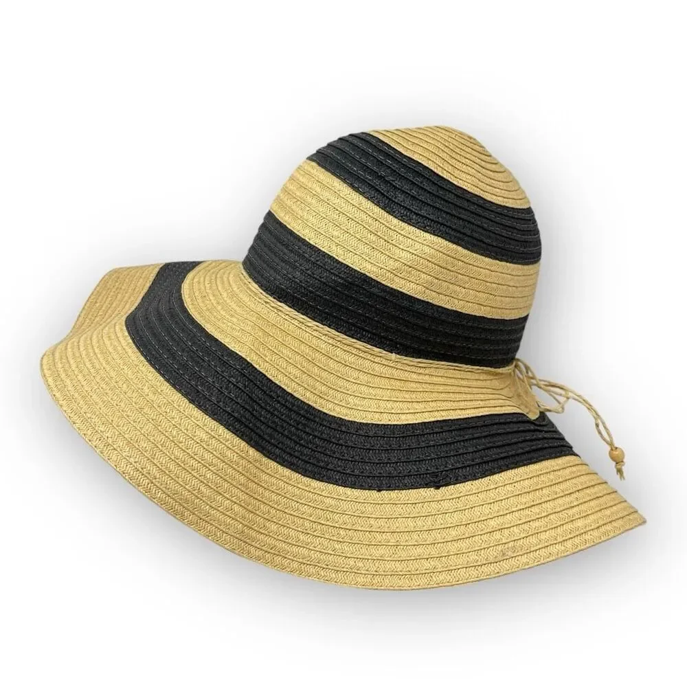 Panama Jack Sun Straw Hat Tan Navy Blue Tassel Floppy Wide Brim Women’s OSFM